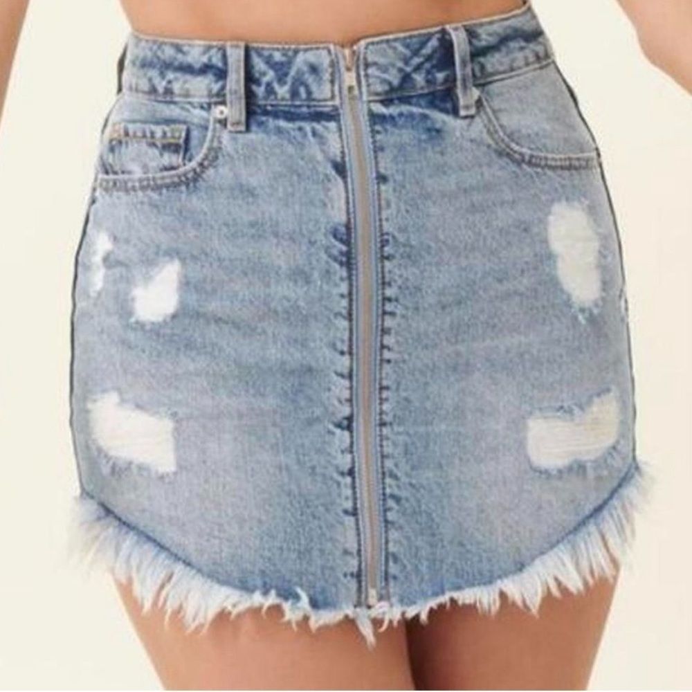 Garage Denim Medium Wash Distressed Denim Skirt Zipper Front Size XS